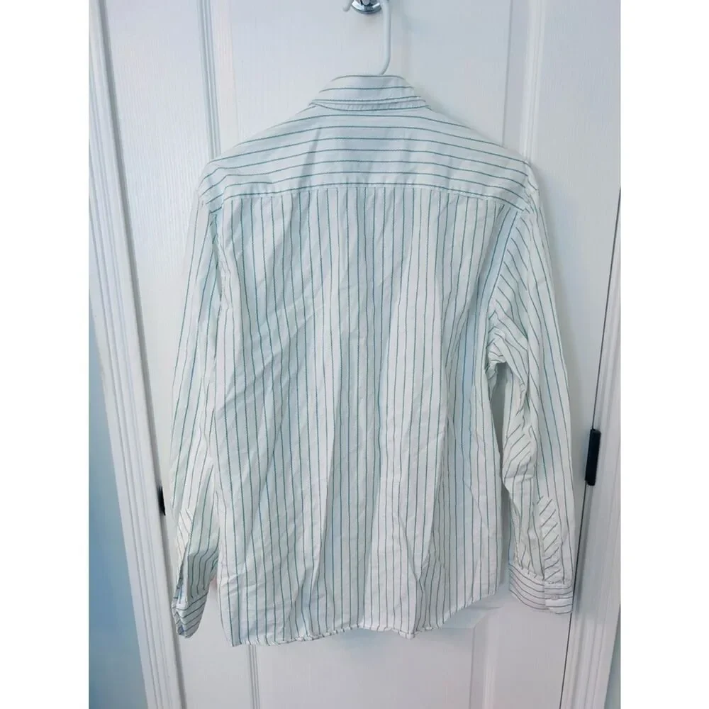 American Eagle Outfitters Men’s White Button-Up Shirt with Green Stripe!